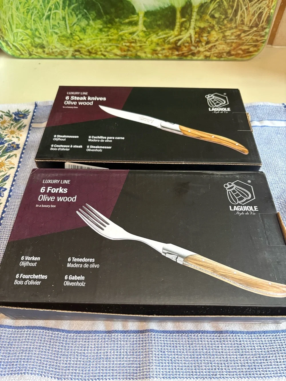 Laguiole Olive Wood Steak Knife & Fork Sets - Brown Wood Handles Set of 6 each